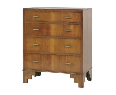An Art Deco walnut four-drawer chest, with T-bar handles, raised on stepped bracket feet, 75cm wide 43.5cm deep 92.5cm high