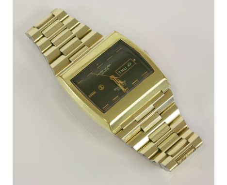 A gentlemen's gold-plated Favre Leuba Sea Raider Compressor 36000 bracelet watch, c.1973, a tonneau, shaded green dial with r