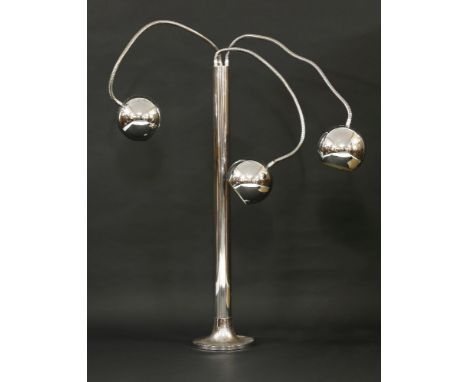 A chrome standard lamp,  with three branches and globe spotlights, 135cm high 