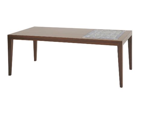 A Danish rosewood coffee table, 1960s, by Haslev, with a quarter inlaid tile top with Royal Copenhagen tiles, branded and wit