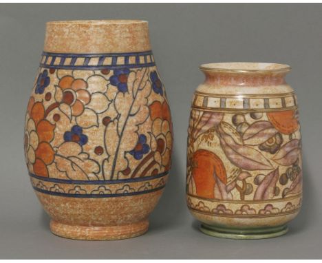 A Crown Ducal 'Byzantine' pottery vase, designed by Charlotte Rhead, the mottled orange ground, with tubelined flowers within