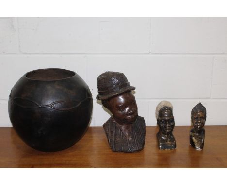 African pottery bowl, together with three portrait busts, (4)