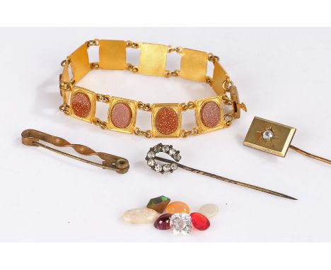 Jewellery, to include two stick pins, a brooch, bracelet and loose stones 