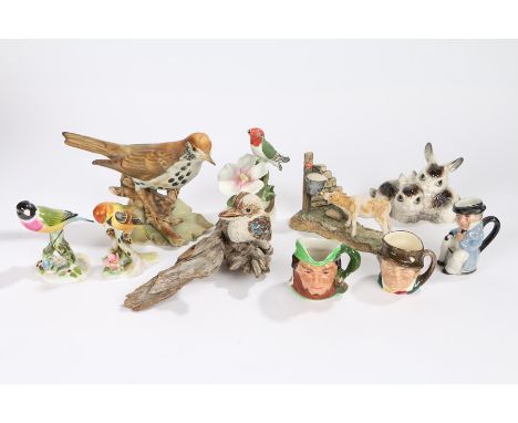 Porcelain, to include a Kookaburra, Woodrush, Royal Addenley birds, Goebel Rabbits, Toby jugs, Border Fine Arts Morning feed,