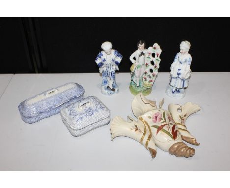 Ceramic wall pocket, together with a Staffordshire figure, a pair of figures and two lidded dishes 