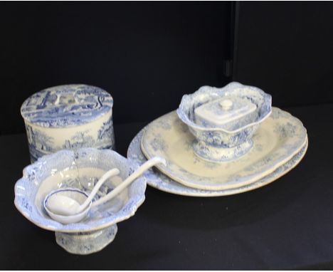 Collection of blue and white porcelain, to include cheese dish, soup tureen and ladle, butter dish, meat plates etc. (qty)