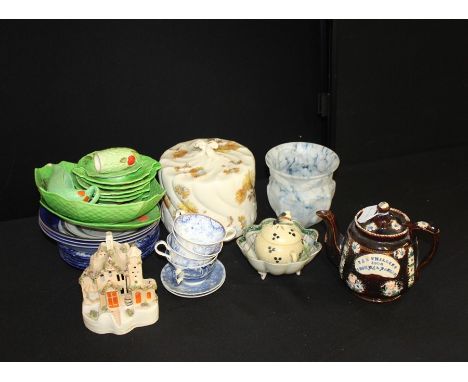 Devon ware and similar cabbage leaf pattern bowl, dishes, sauceboat, pepper pot, Staffordshire pastille burner, barge ware te