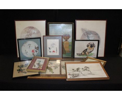 Collection of Oriental pictures, to include silks, prints and wool works, (qty)
