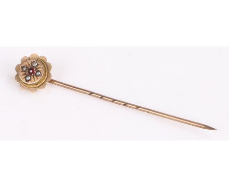 9 carat gold stock pin, with a pearl and ruby head 