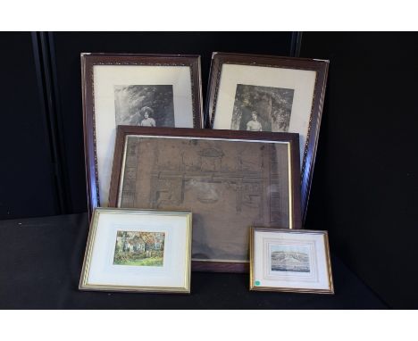 Watercolour of ruins, together with two prints, a crest print and a view of Kempton Brighton, (5)