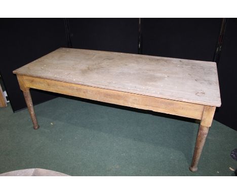 Farmhouse style light oak dining table, with a drawer to each end, raised on turned legs, 184cm x 80cm