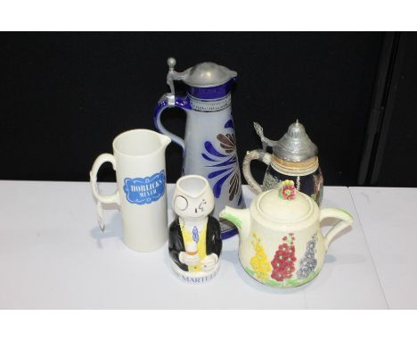 Martell Brandy jug, together with a stein, another, a teapot and Horlicks jug