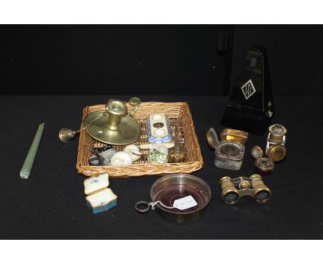 Collection of items, to include bottle coaster, metronome, opera glasses, chamber stick, pill pot and cover etc.