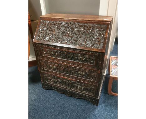 Antique Dark Oak Carved Bureau Desk