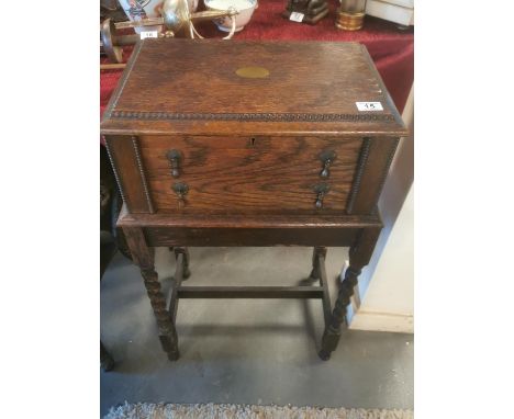 Antique Oak Cutlery Two-Drawer Canteen on an Oak Barley Twist Table - feat Charles Rose (of Halifax) Plated Silver - 84x47x32