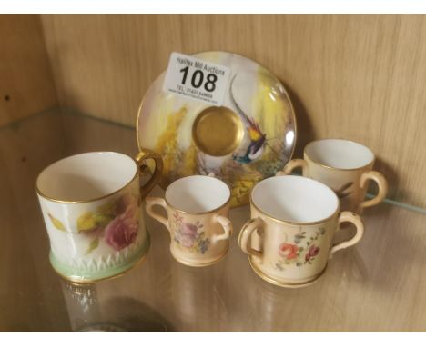 Collection of Late 19th Century Royal Worcester Floral Blush Tea Cups &amp; Saucer - w/puce marks to base
