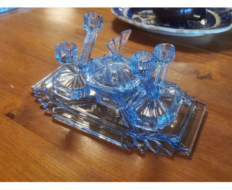 Mid-Century Art-Deco Blue Glass Dressing Table Set