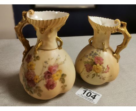 Pair of 1880's Royal Worcester Floral Jugs w/puce marks to base - 13 and 11cm high