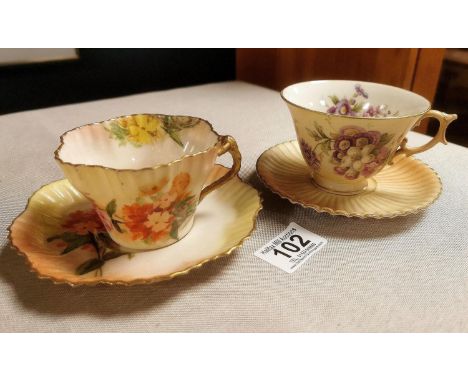 1880's Royal Worcester &amp; Nautilus Porcelain Pair of Floral Blush Tea Service Sets w/puce marks to base