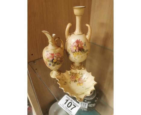 Trio of 1880's Royal Worcester Floral Blush Pieces/Urn Vases w/puce marks to base