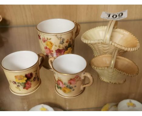 Collection of Late 19th Century Royal Worcester Floral Blush Tea Cups &amp; Fruit Baskets - w/puce marks to base