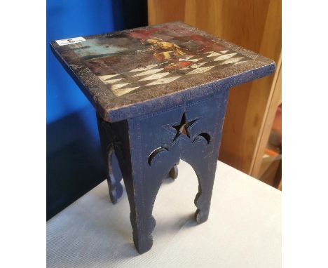 Small Antique 1905 Oriental Carved Table w/Painting to Top &amp; Possible Turkish/Persian Carving Detail - inscribed with a C