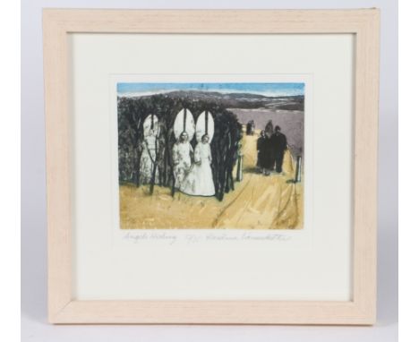 KAROLINA LARUSDOTTIR (1944-2019) 'ANGELS HIDING'. signed, titled and numbered 53/75 in pencil, coloured etching 19 x 25cm.
