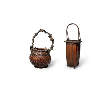 TWO JAPANESE WOVEN BAMBOO IKEBANA BASKETS, HANAKAGO MEIJI PERIOD OR LATER, 20TH CENTURY The tallest with a square-section bod