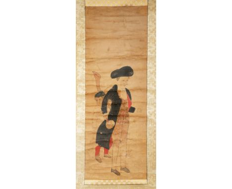 A JAPANESE SCROLL PAINTING, KAKEMONO EDO PERIOD OR LATER, 19TH CENTURY In ink and colour on paper, depicting a Dutch tradesma