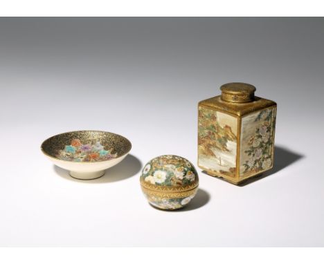 THREE JAPANESE MINIATURE SATSUMA ITEMS MEIJI PERIOD, 19TH CENTURY One a square-section tea caddy and cover, the sides decorat