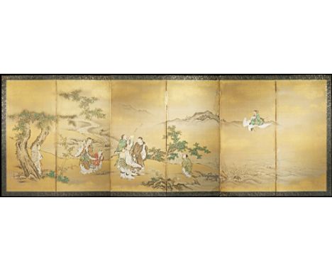 A JAPANESE SIX-FOLD PAPER SCREEN, BYOBU MEIJI PERIOD, 19TH CENTURY Painted in ink and colour on a gold silk ground, with eigh