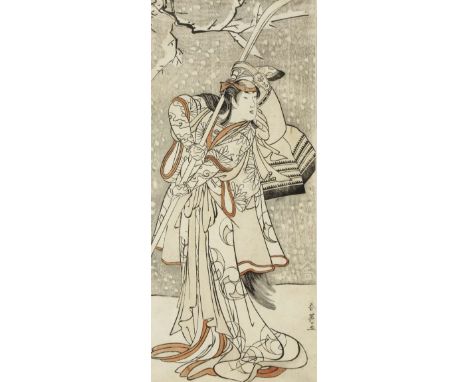 FOUR JAPANESE WOODBLOCK PRINTS EDO PERIOD, 18TH AND 19TH CENTURY One depicting a man wearing long robes in a winter setting, 