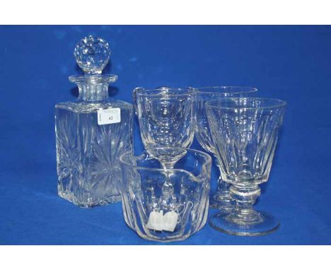 CRYSTAL DECANTER AND VARIOUS RUMMERS, RINSER, ETC 