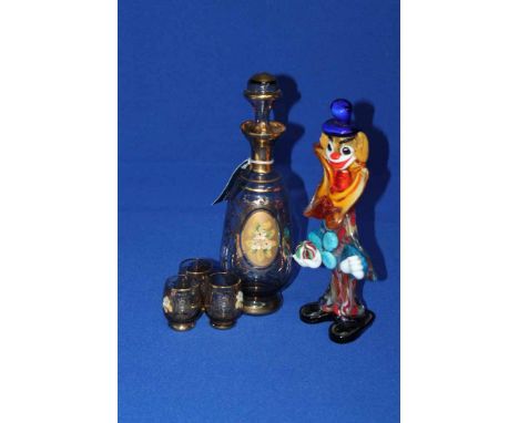 VENETIAN GLASS CLOWN
along with a hand painted glass decanter and three glasses