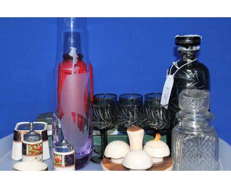 LOT OF CERAMICS AND GLASS,
including a Carltonware 'mushroom' condiment set, glass liqueur set, Austrian vase, slide rules et