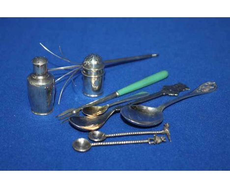 CHINESE SILVER SWIZZLE STICK, A CHINESE SILVER PEPPER POT,
also spoons and  a pickle fork, etc