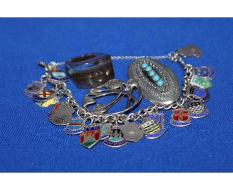 SILVER AND ENAMEL SOUVENIR CHARM BRACELET AND OTHER JEWELLERY 