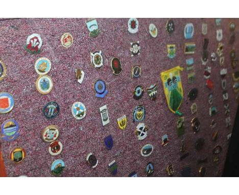 LARGE COLLECTION OF ENAMEL BOWLING BADGES 
mounted and framed in a presentation panel 