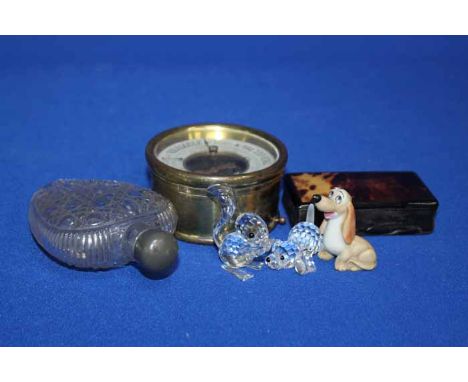 LOT OF COLLECTABLES INCLUDING A TRAVEL ANEROID BAROMETER
also including a glass bottle, a trinket box, a Swarovski ornament, 