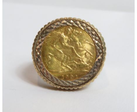 A 1901 half sovereign in a 9 carat gold ring mount, size V, 13 g gross