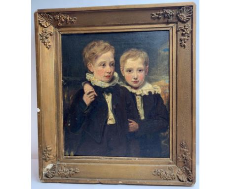 19th Century English School - Portrait of two young boys wearing dark suits and white frilled collars, oil on canvas, unsigne