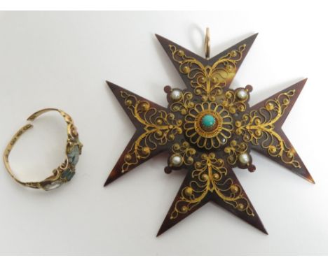 An early Victorian tortoiseshell and wire work Maltese Cross pendant; with a Victorian 12 carat gold ring