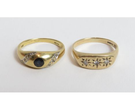 An 18 carat gold sapphire and diamond ring, 3 g gross; with a 9 carat gold stone set ring, 2.5 g gross