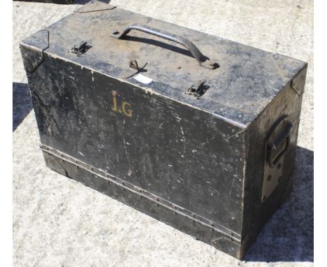 A vintage painted wooden travelling tradesman's tool trunk. With the initials J.G to front, interior fitted with six drawers,