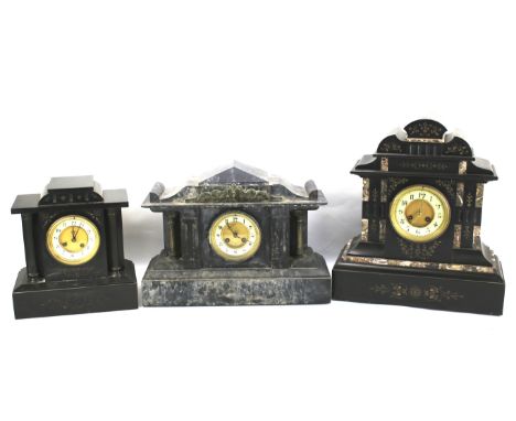 Three Victorian slate mantel clocks. All with gilt and enamel dials with Roman numerals, one with inlaid marble details, tall