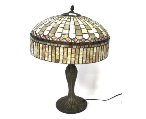 A large contemporary Tiffany style table lamp. With stained glass panel shade, approximately H58cm