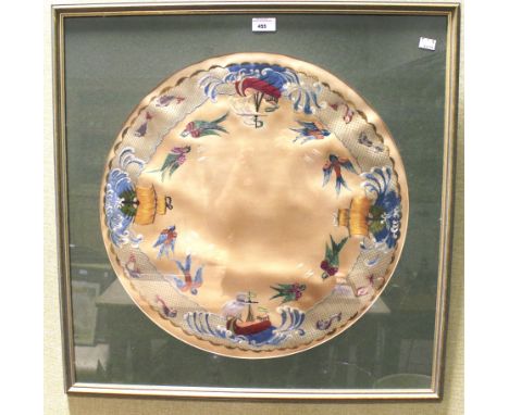 A 20th century needlework tapestry. Of circular form, depicting swallows and sailing ships. Framed and glazed, 93cm x 33cm