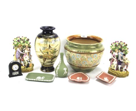 An assortment of ceramics, including a Royal Doulton planter, a selection of Wedgwood,  pair of Dresden figures, etc