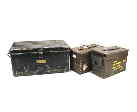 Three vintage metal military boxes. One marked 'Rounds', another 'Catridge', the third painted black