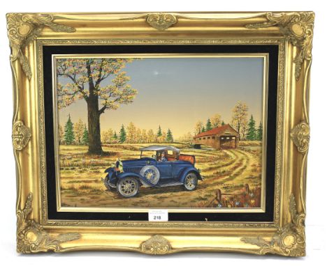 C Carson, print on canvas depicting a car diving out of a garage. 39cm x 29cm, framed